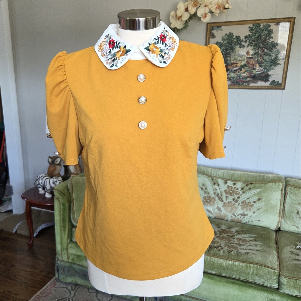 Chic Yellow Blouse with Floral Embroidered Collar